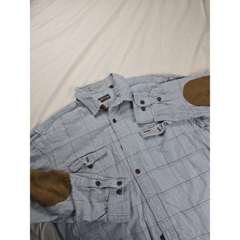 Orvis Fairbanks Shirt Mens Large Blue Plaid Elbow Patch Flannel‎ Cotton Western